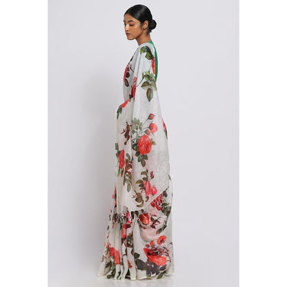 Via East Desi Gulab Floral Linen Saree with Unstitched Blouse