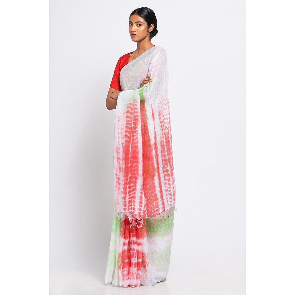 Via East Multi-Color Shibori Linen Saree with Unstitched Blouse