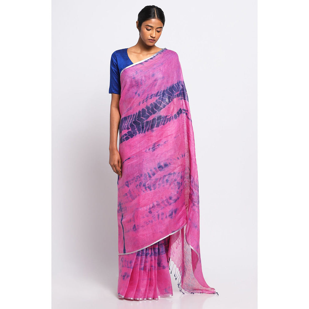Via East Multi-Color Shibori Linen Saree with Unstitched Blouse