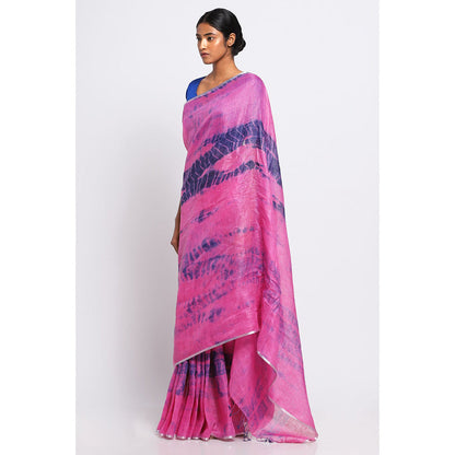 Via East Multi-Color Shibori Linen Saree with Unstitched Blouse
