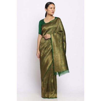 Via East Sunehri Green Kora Silk Banarasi Saree with Unstitched Blouse