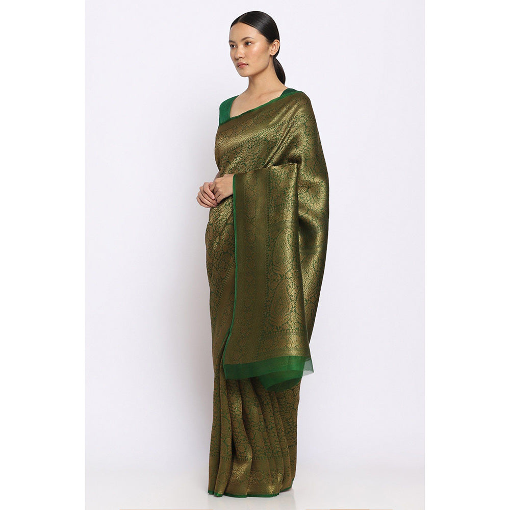 Via East Sunehri Green Kora Silk Banarasi Saree with Unstitched Blouse