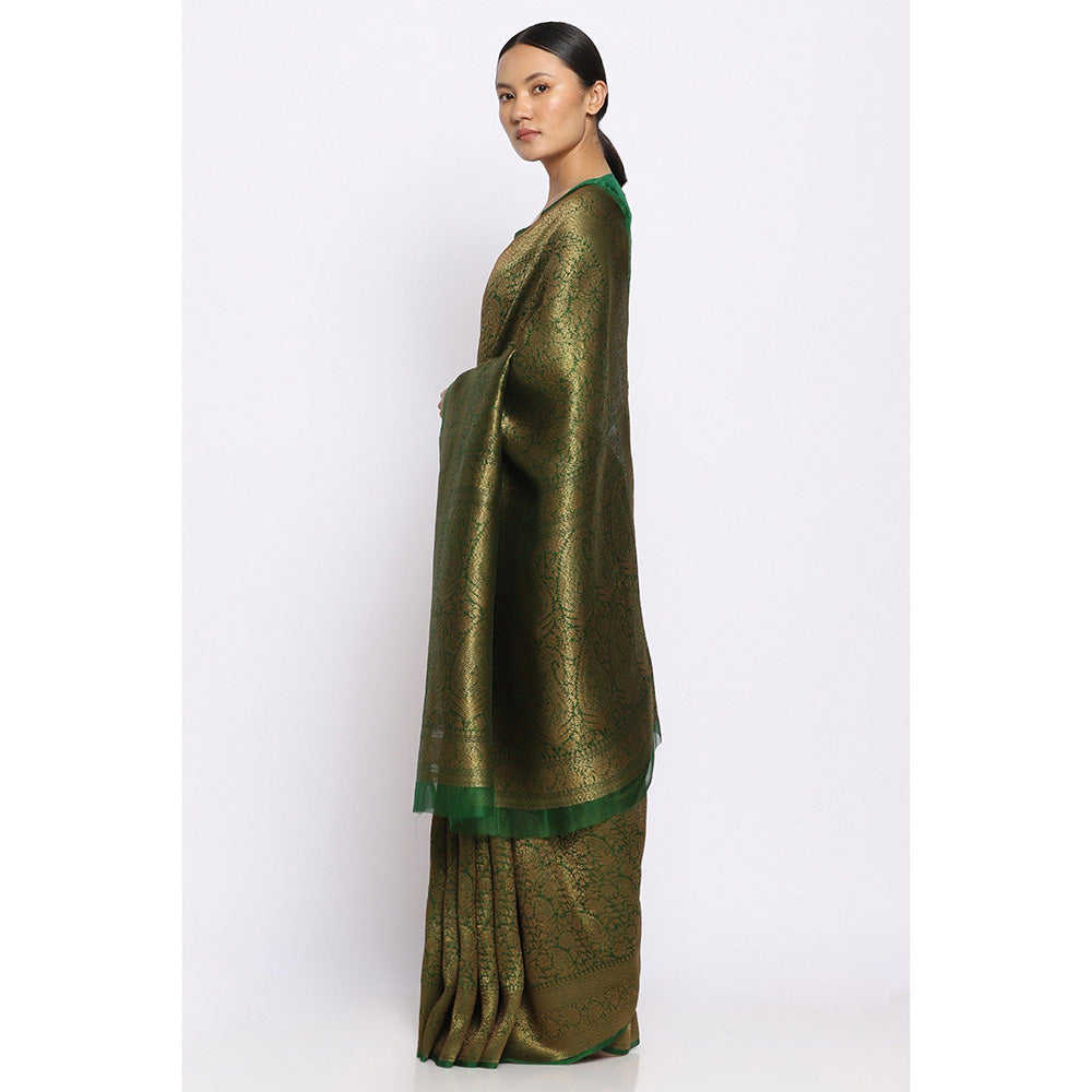 Via East Sunehri Green Kora Silk Banarasi Saree with Unstitched Blouse