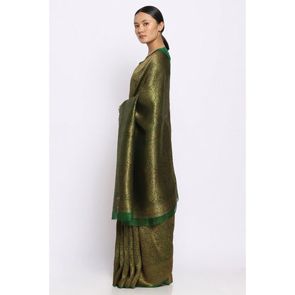 Via East Sunehri Green Kora Silk Banarasi Saree with Unstitched Blouse