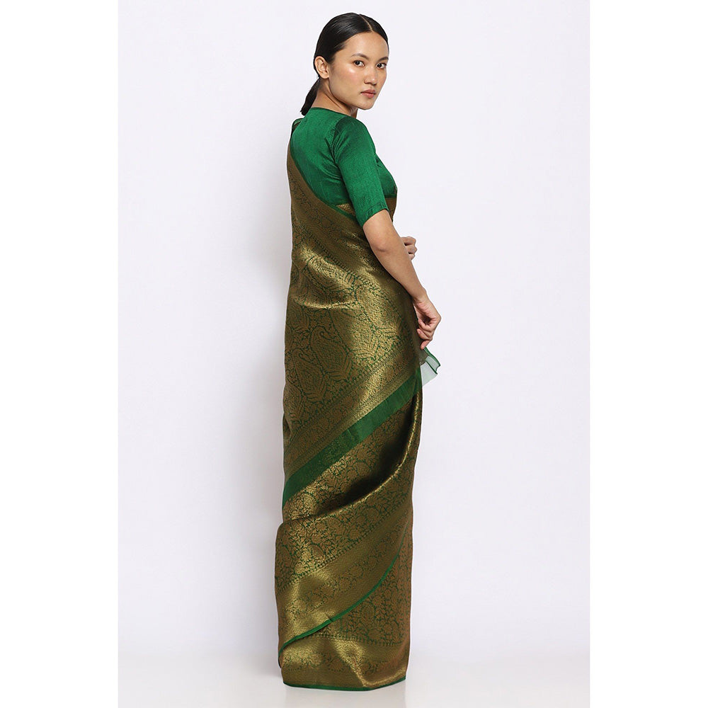 Via East Sunehri Green Kora Silk Banarasi Saree with Unstitched Blouse