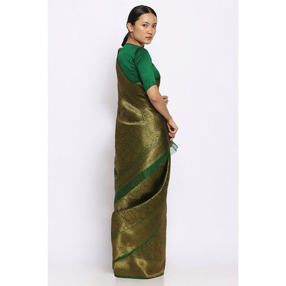 Via East Sunehri Green Kora Silk Banarasi Saree with Unstitched Blouse