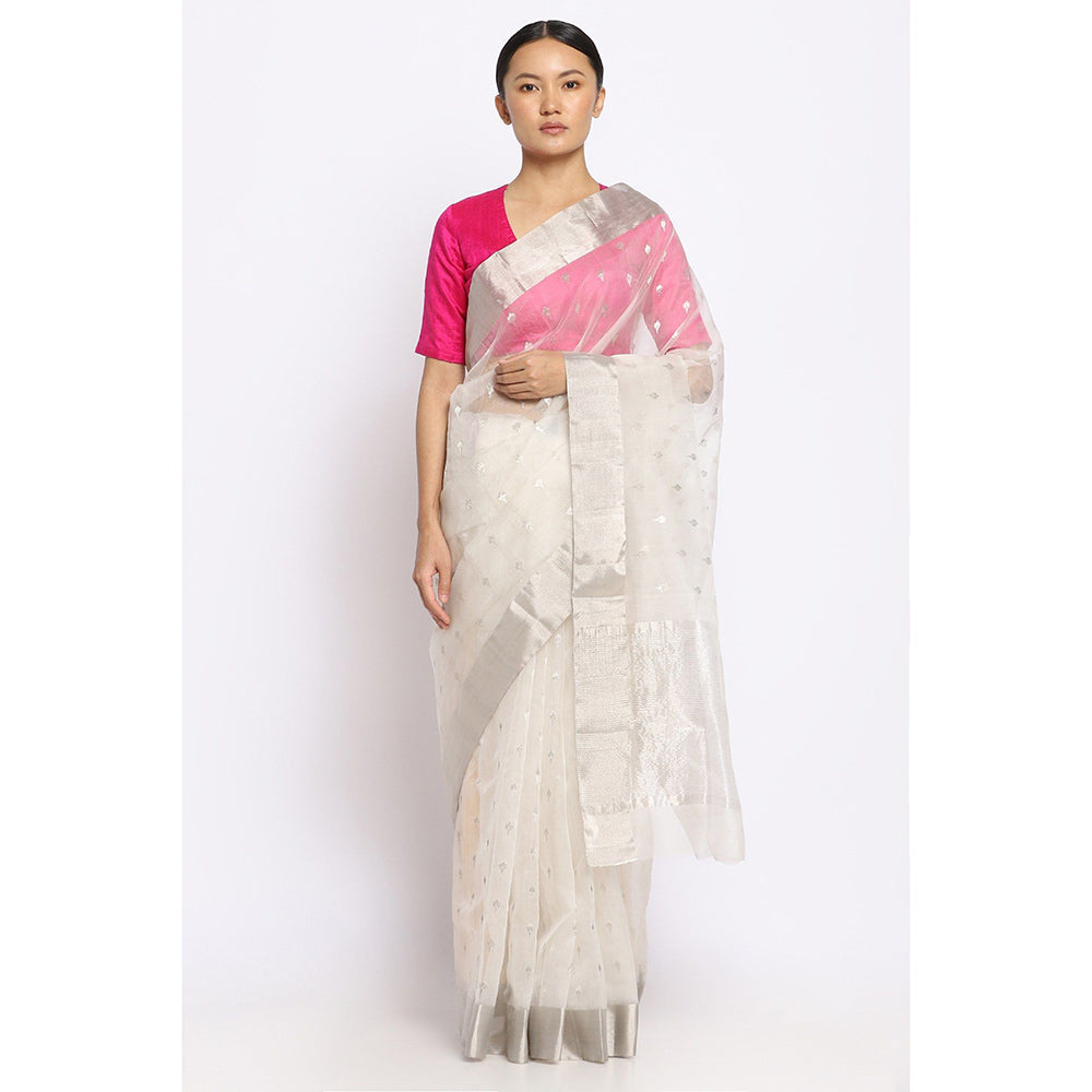 Via East Nira White Silk Chanderi Saree with Unstitched Blouse