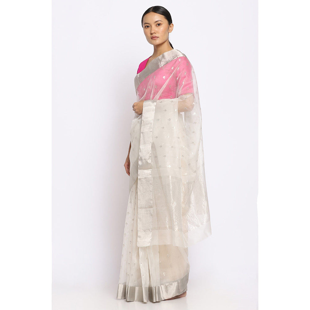 Via East Nira White Silk Chanderi Saree with Unstitched Blouse