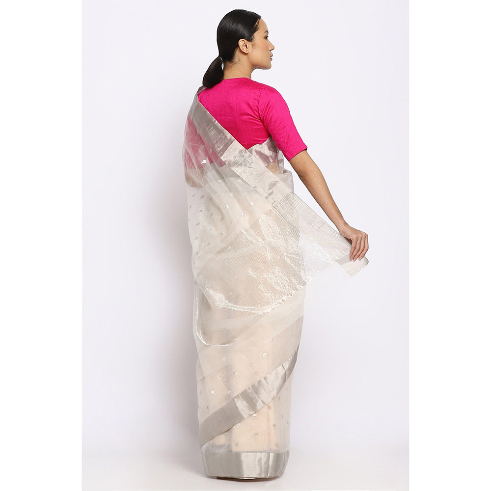Via East Nira White Silk Chanderi Saree with Unstitched Blouse