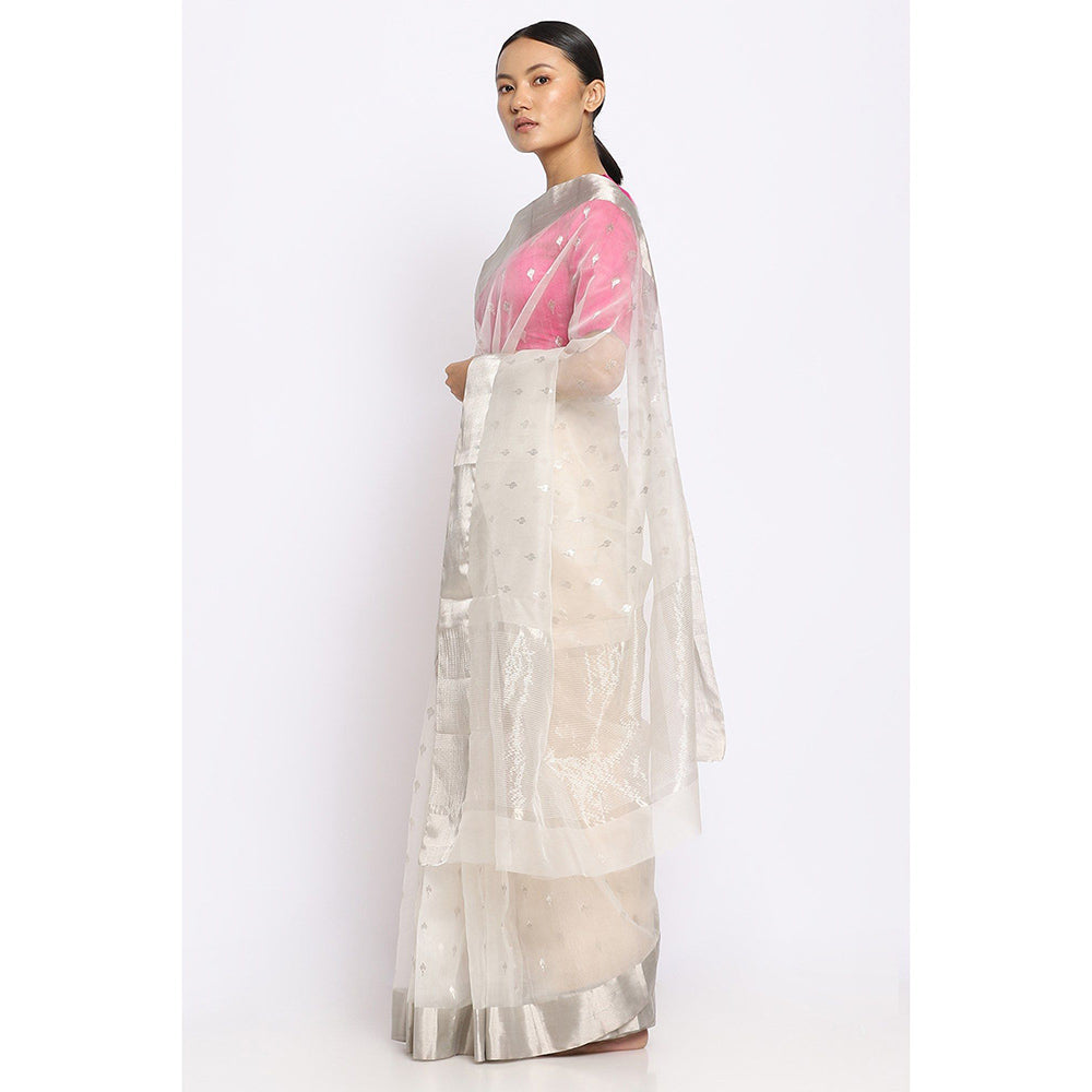 Via East Nira White Silk Chanderi Saree with Unstitched Blouse