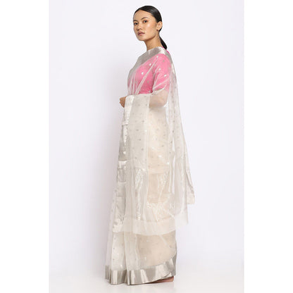 Via East Nira White Silk Chanderi Saree with Unstitched Blouse