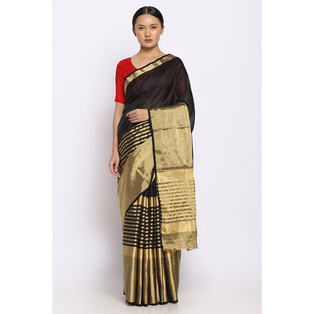 Via East Black Silk Chanderi Nira Saree with Unstitched Blouse