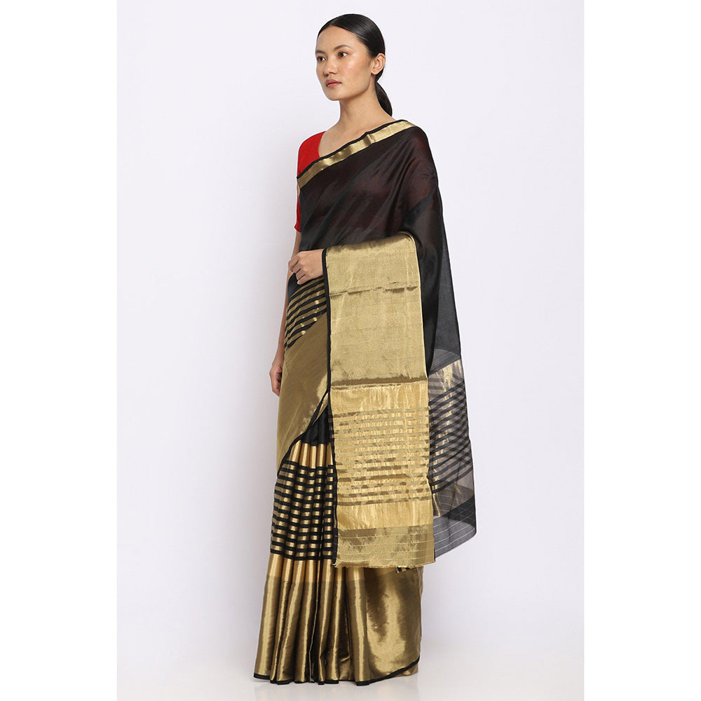Via East Black Silk Chanderi Nira Saree with Unstitched Blouse