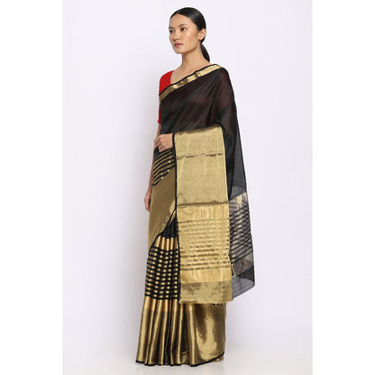 Via East Black Silk Chanderi Nira Saree with Unstitched Blouse