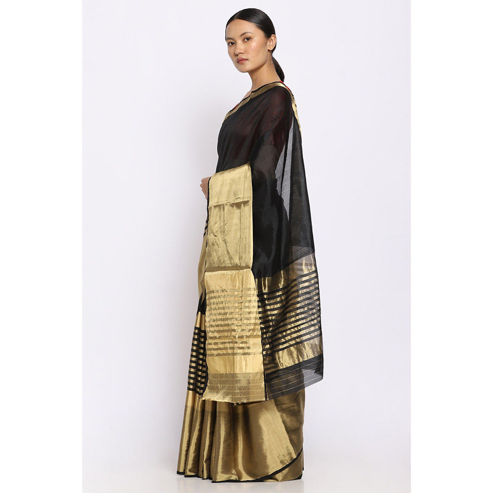 Via East Black Silk Chanderi Nira Saree with Unstitched Blouse