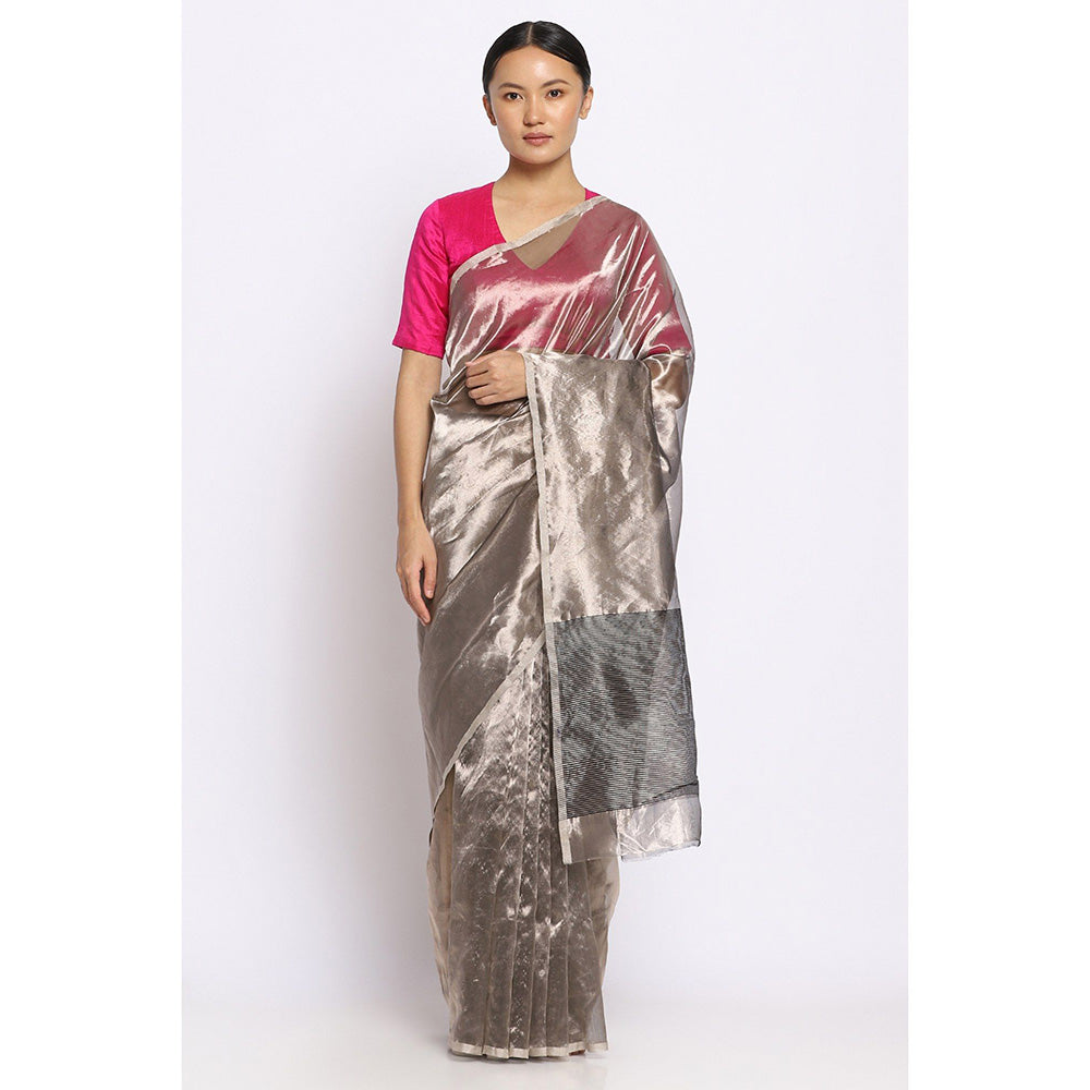 Via East Metallic Silver Saree with Unstitched Blouse