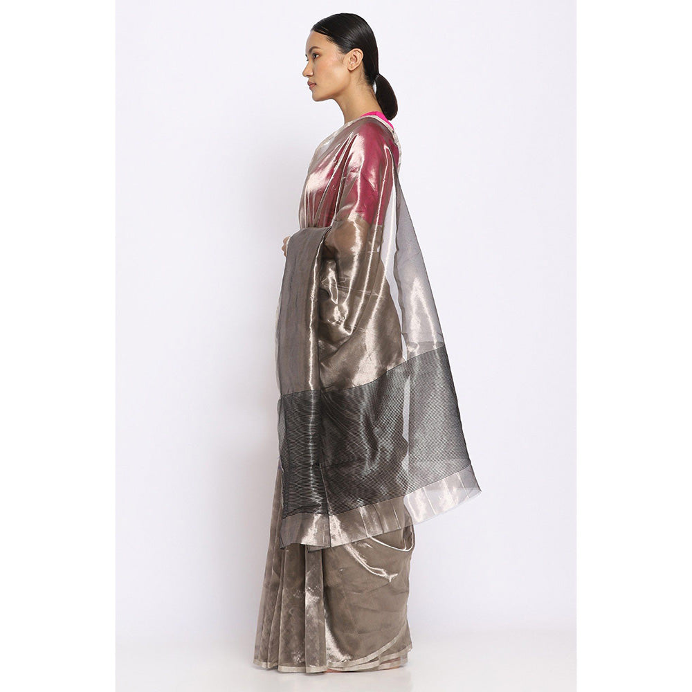 Via East Metallic Silver Saree with Unstitched Blouse