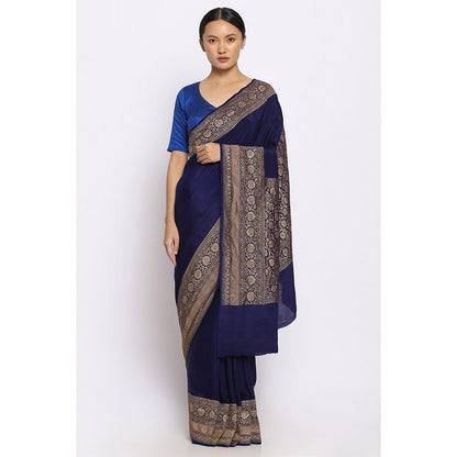 Via East Deep Blue Crepe Banarasi Saree with Unstitched Blouse