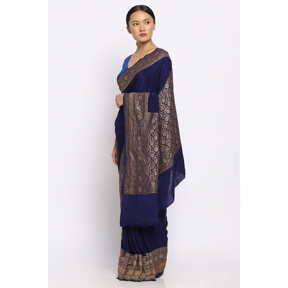 Via East Deep Blue Crepe Banarasi Saree with Unstitched Blouse