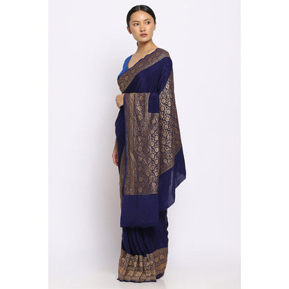 Via East Deep Blue Crepe Banarasi Saree with Unstitched Blouse