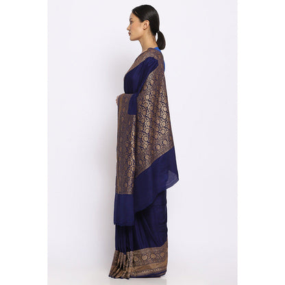 Via East Deep Blue Crepe Banarasi Saree with Unstitched Blouse