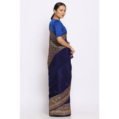 Via East Deep Blue Crepe Banarasi Saree with Unstitched Blouse