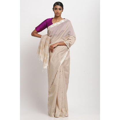 Via East Beige Cotton Traditional Saree With Unstitched Blouse