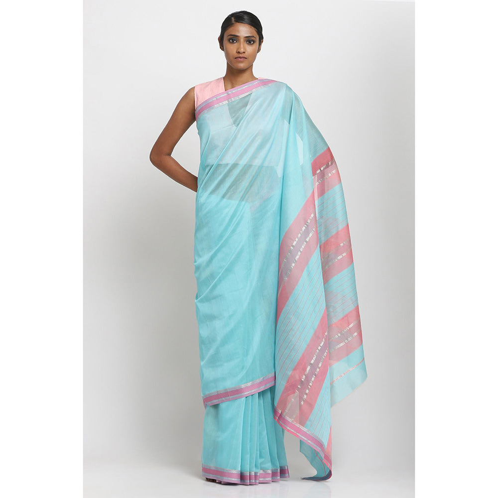 Via East Aqua Blue Silk Cotton Traditional Saree With Unstitched Blouse