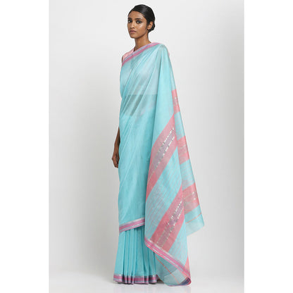 Via East Aqua Blue Silk Cotton Traditional Saree With Unstitched Blouse