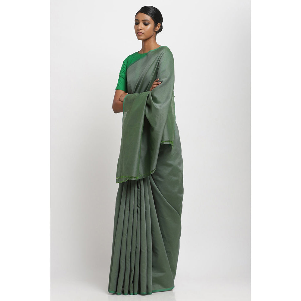 Via East Green Sooti Saree With Unstitched Blouse