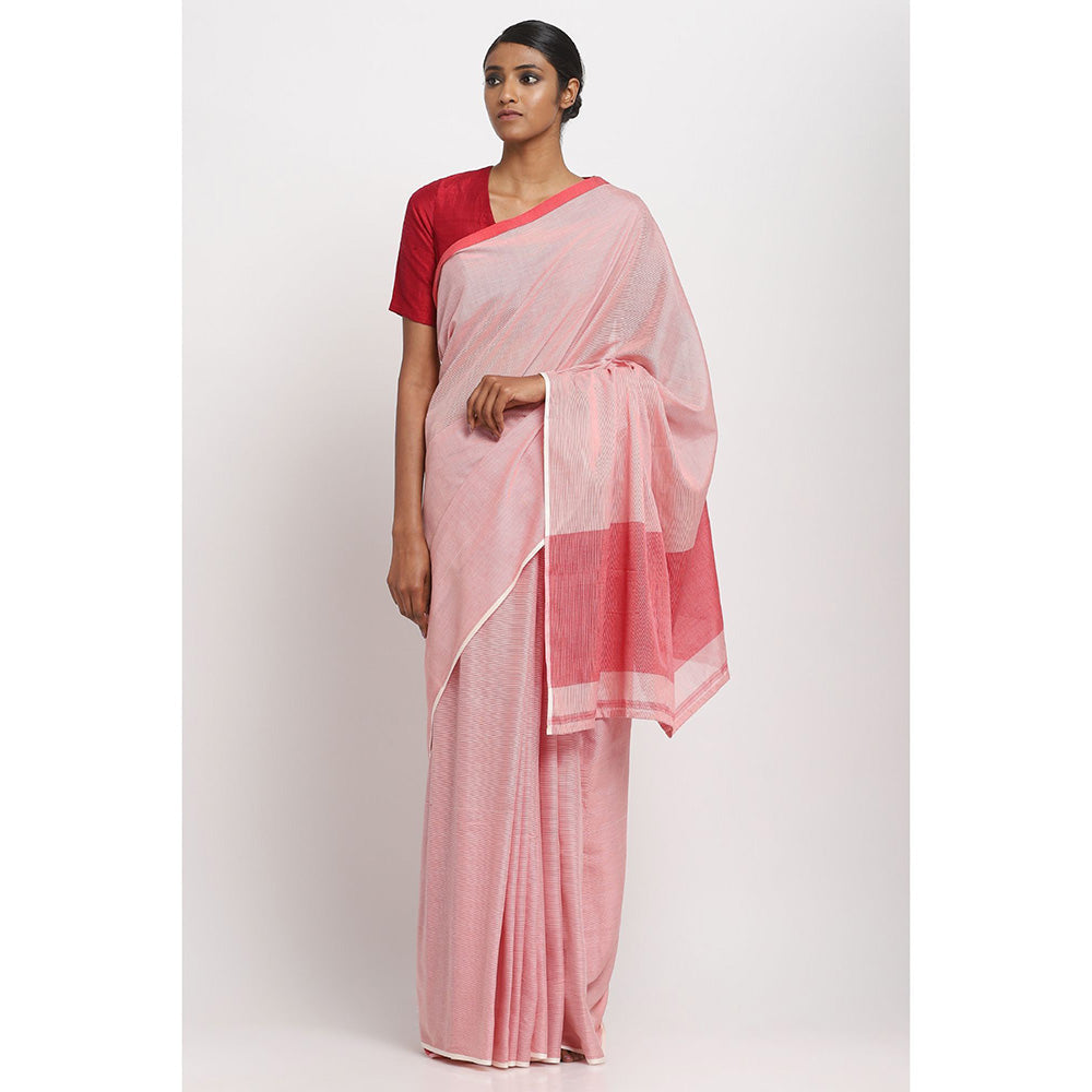 Via East Red and White Striped Sooti Saree With Unstitched Blouse