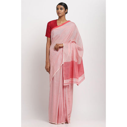 Via East Red and White Striped Sooti Saree With Unstitched Blouse
