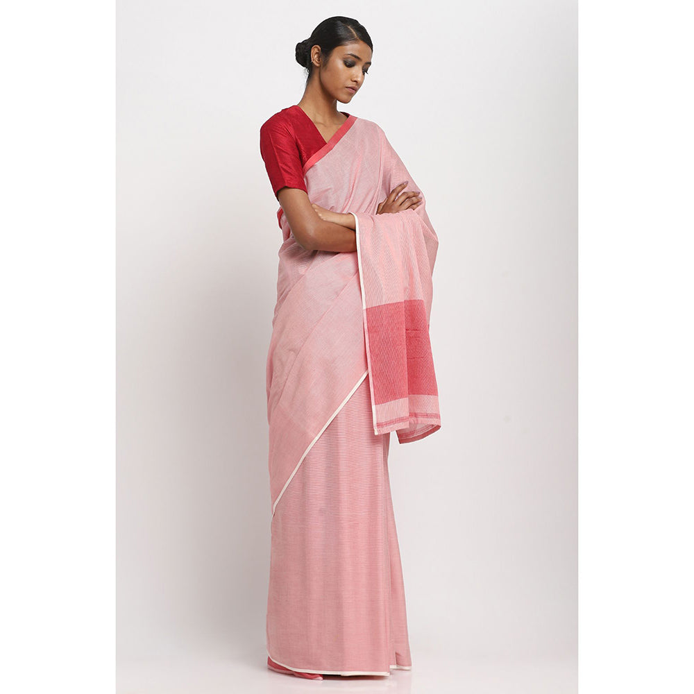 Via East Red and White Striped Sooti Saree With Unstitched Blouse