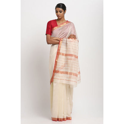 Via East White and Red Silk Cotton Traditional Saree With Unstitched Blouse