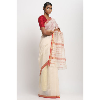 Via East White and Red Silk Cotton Traditional Saree With Unstitched Blouse