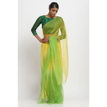 Via East Yellow and Green Ombre Organza Saree