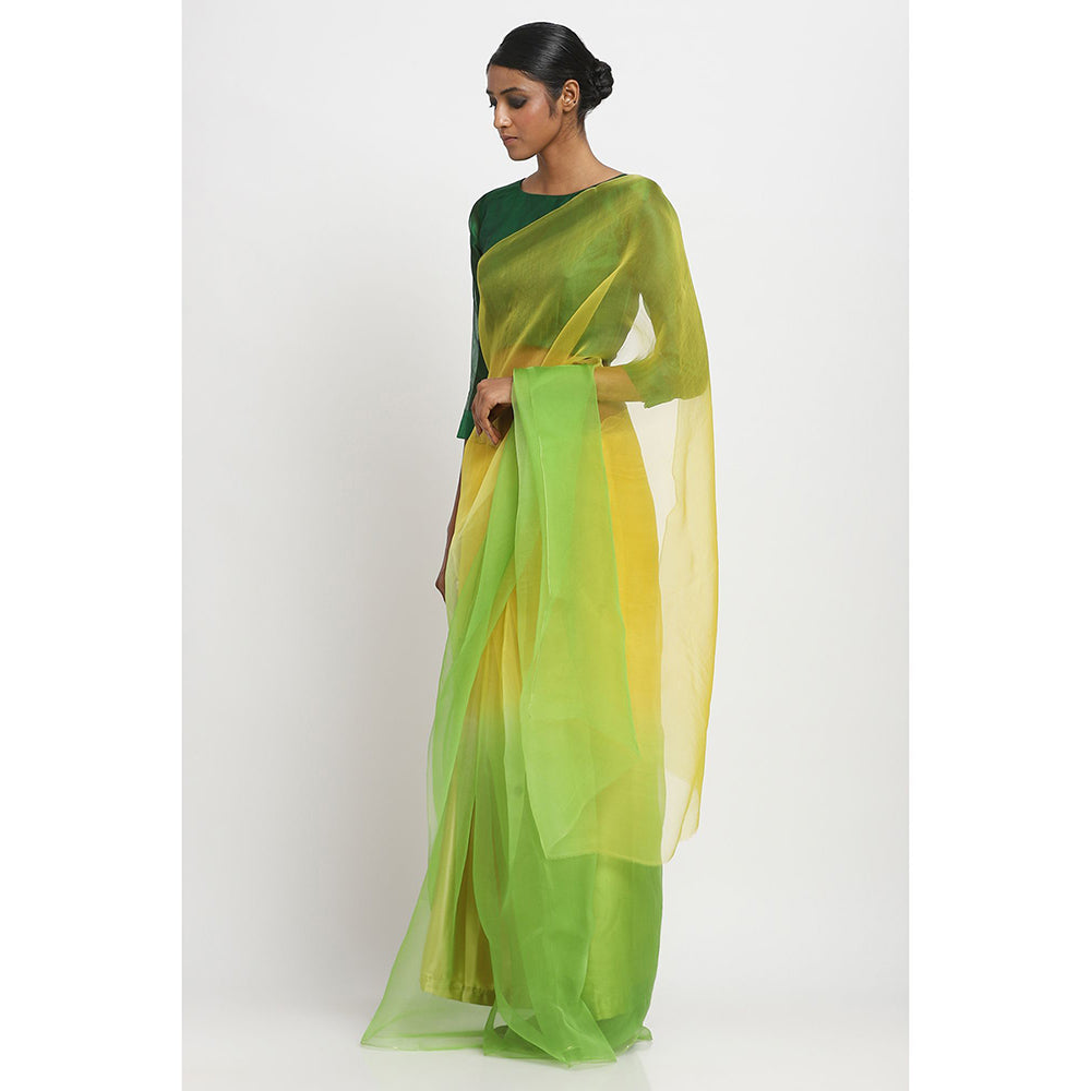 Via East Yellow and Green Ombre Organza Saree