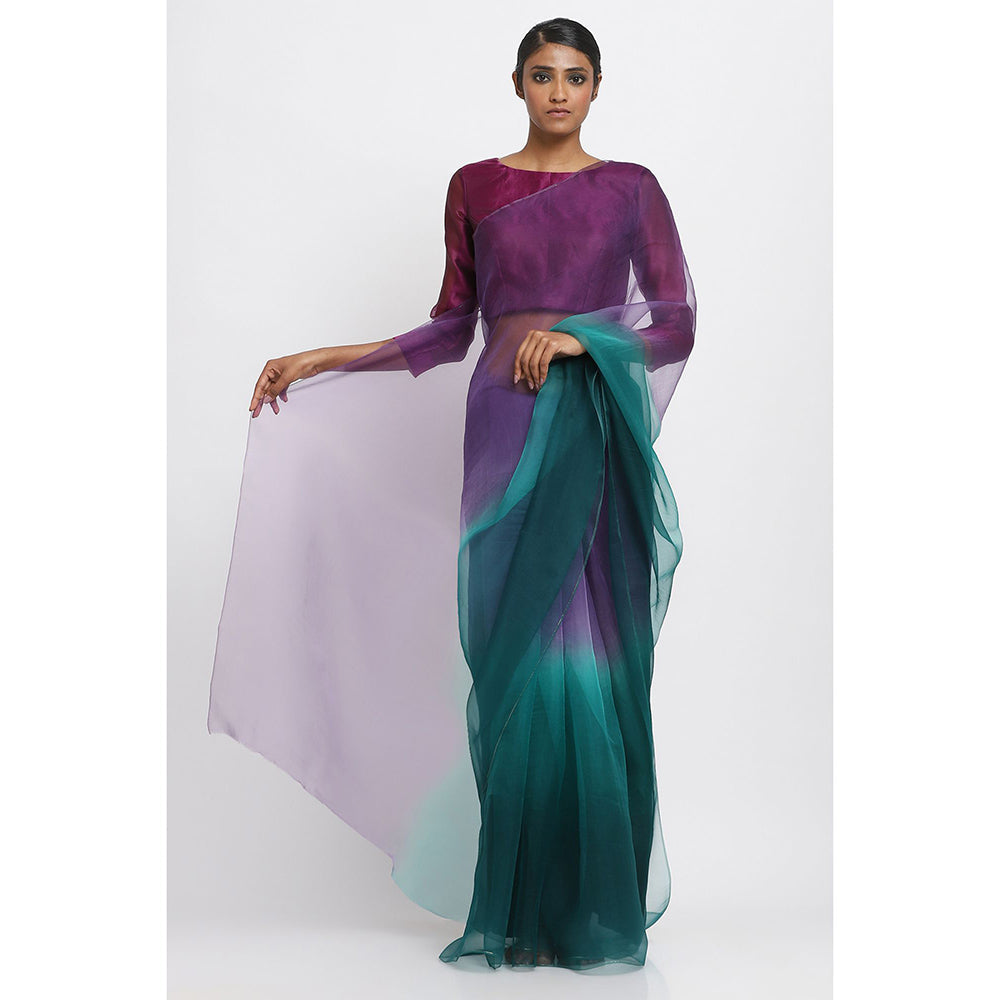 Via East Purple and Green Ombre Organza Saree