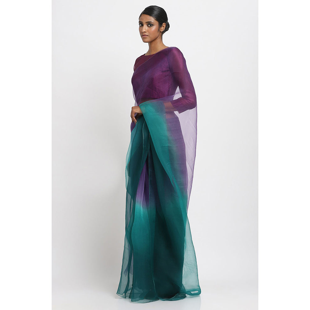 Via East Purple and Green Ombre Organza Saree