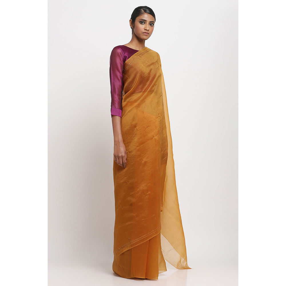Via East Rust Organza Embellished & Sequined Saree