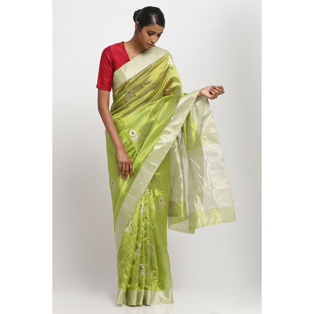 Via East Leaf Green Silk Chanderi Saree With Unstitched Blouse