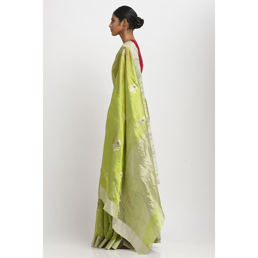 Via East Leaf Green Silk Chanderi Saree With Unstitched Blouse