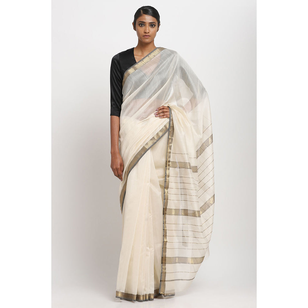 Via East White and Black Silk Cotton Traditional Saree With Unstitched Blouse