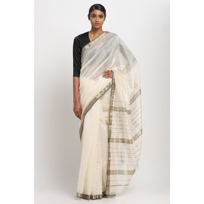 Via East White and Black Silk Cotton Traditional Saree With Unstitched Blouse