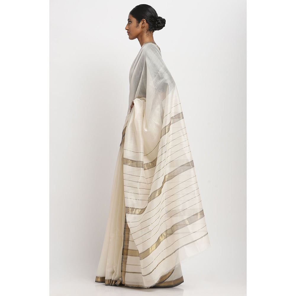 Via East White and Black Silk Cotton Traditional Saree With Unstitched Blouse
