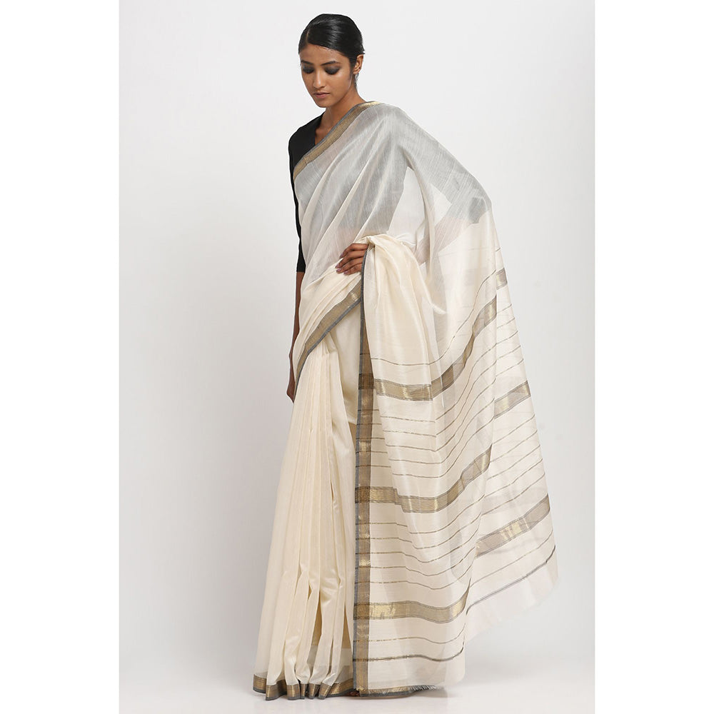 Via East White and Black Silk Cotton Traditional Saree With Unstitched Blouse