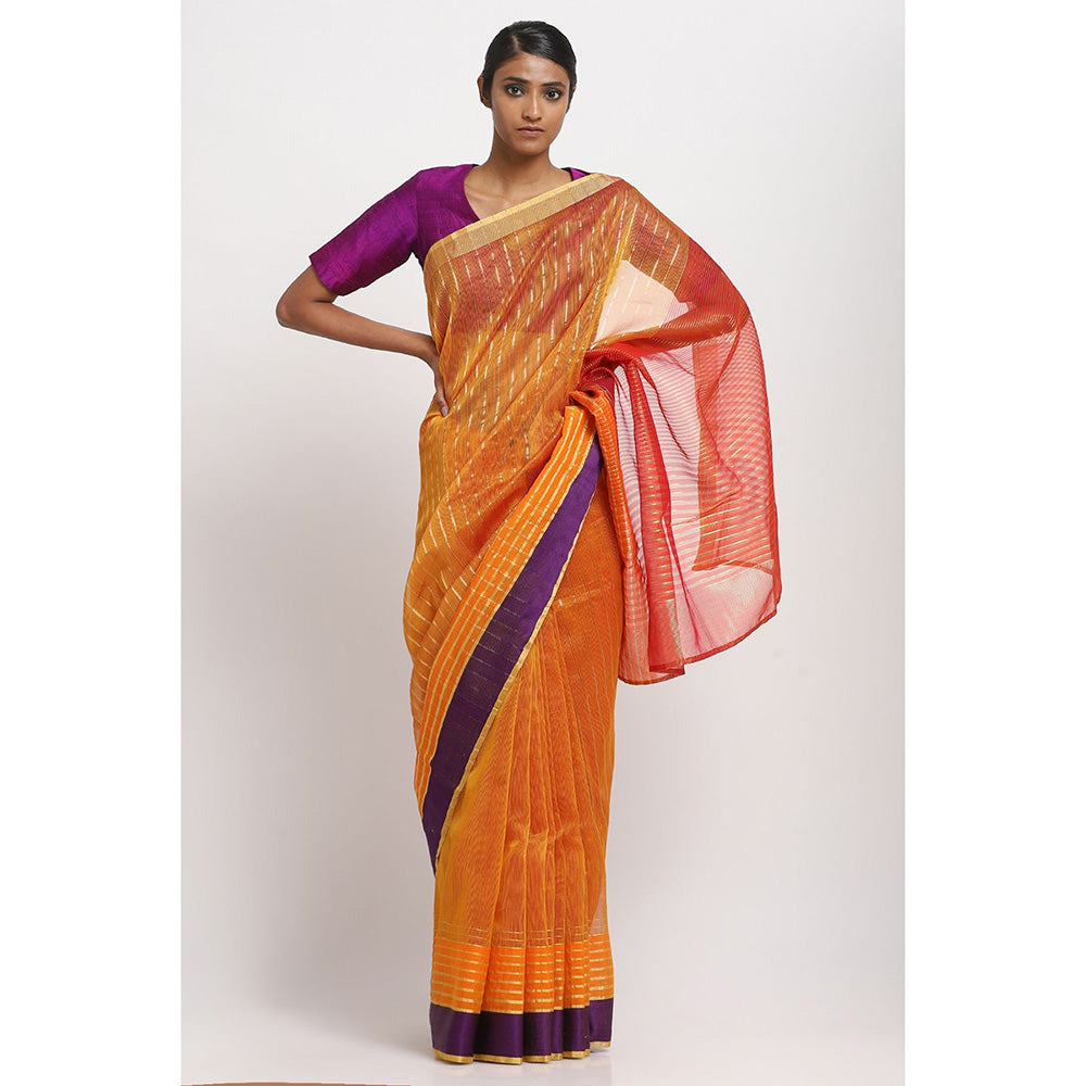 Via East Orange Silk Cotton Zari Saree With Unstitched Blouse