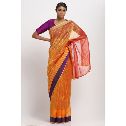Via East Orange Silk Cotton Zari Saree With Unstitched Blouse