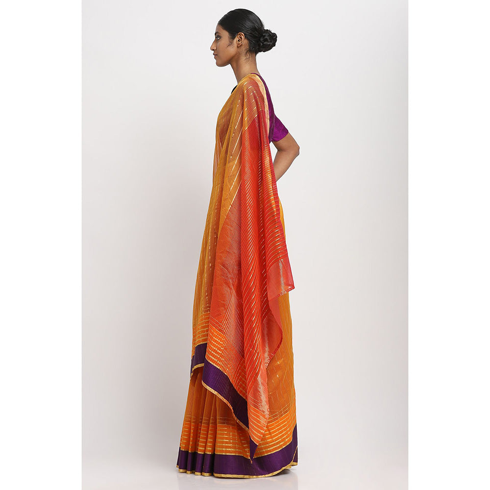 Via East Orange Silk Cotton Zari Saree With Unstitched Blouse
