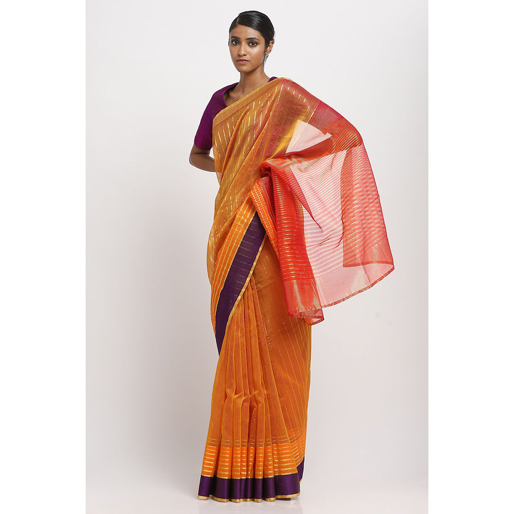 Via East Orange Silk Cotton Zari Saree With Unstitched Blouse